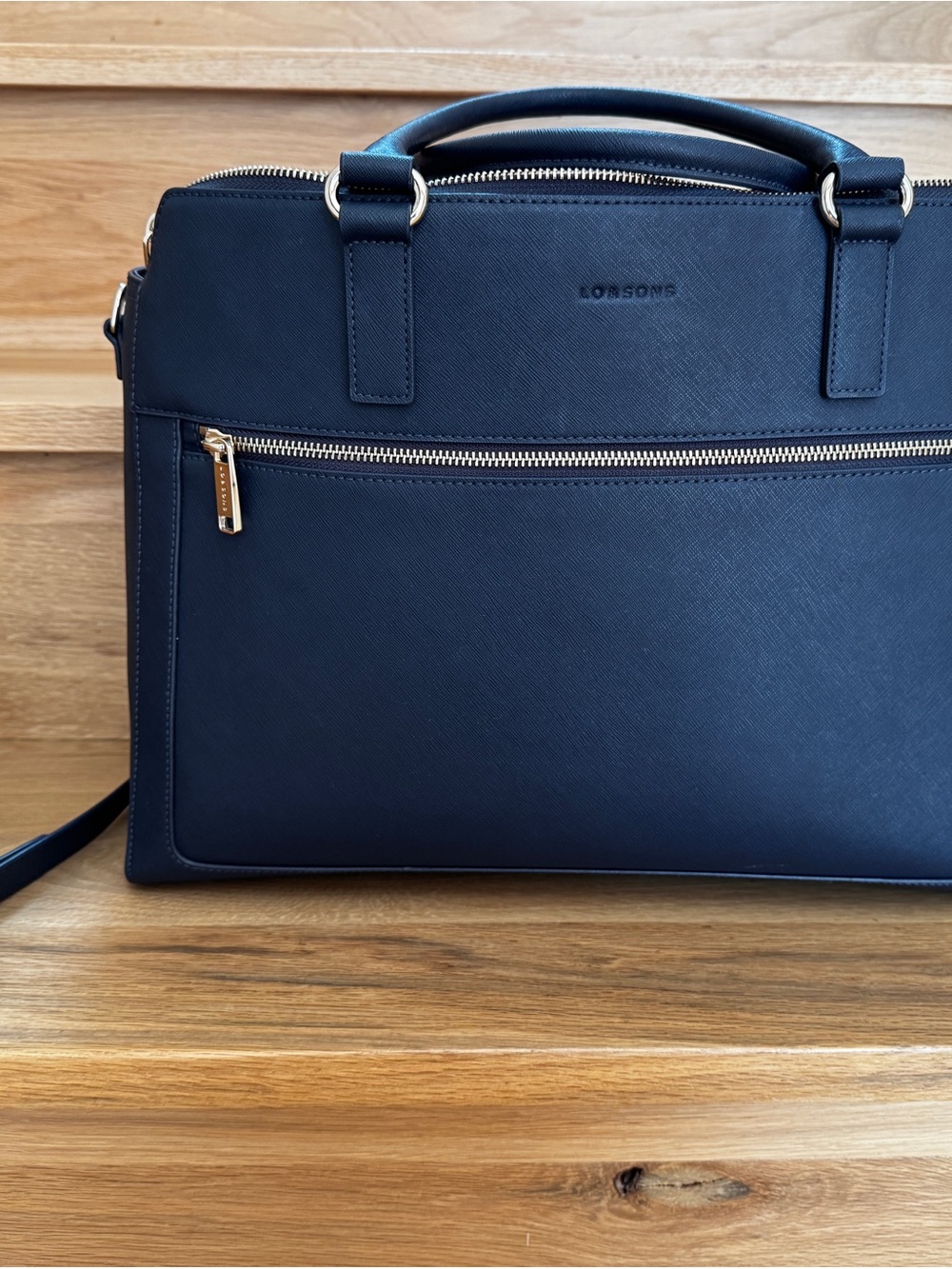 Lo & Sons Trinity Large Navy Structured Laptop Tote with Gold Hardware